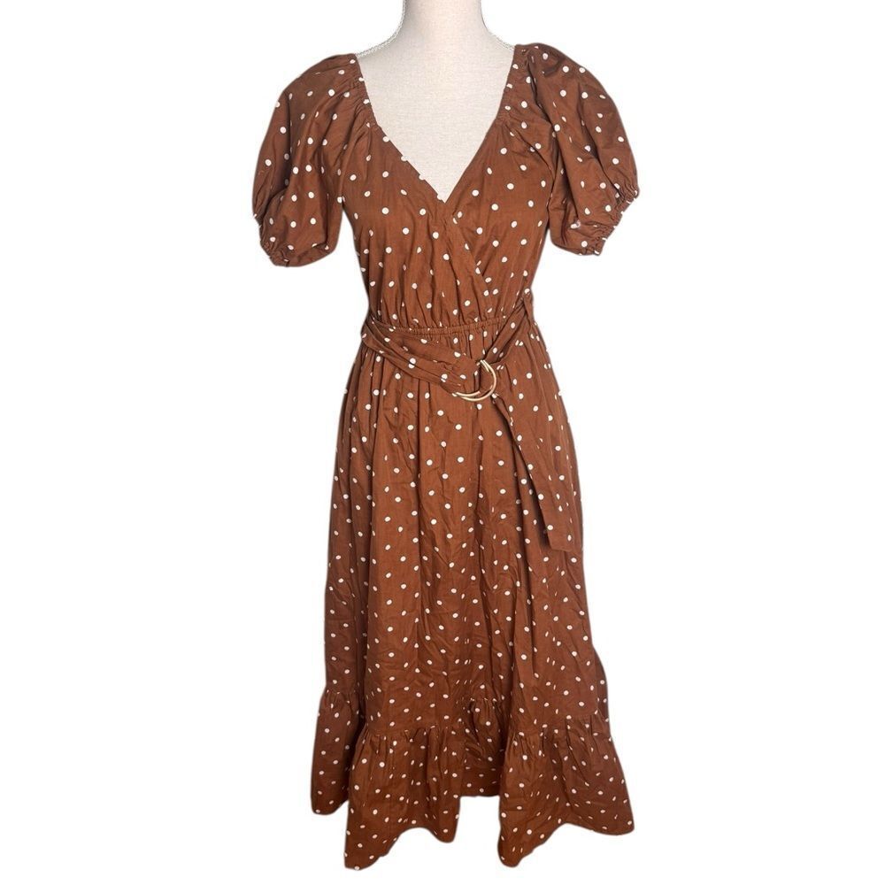 Lusana Leeta Brown Polka Dot Puff sleeve Short Sleeve V-neck Maxi Dress 4